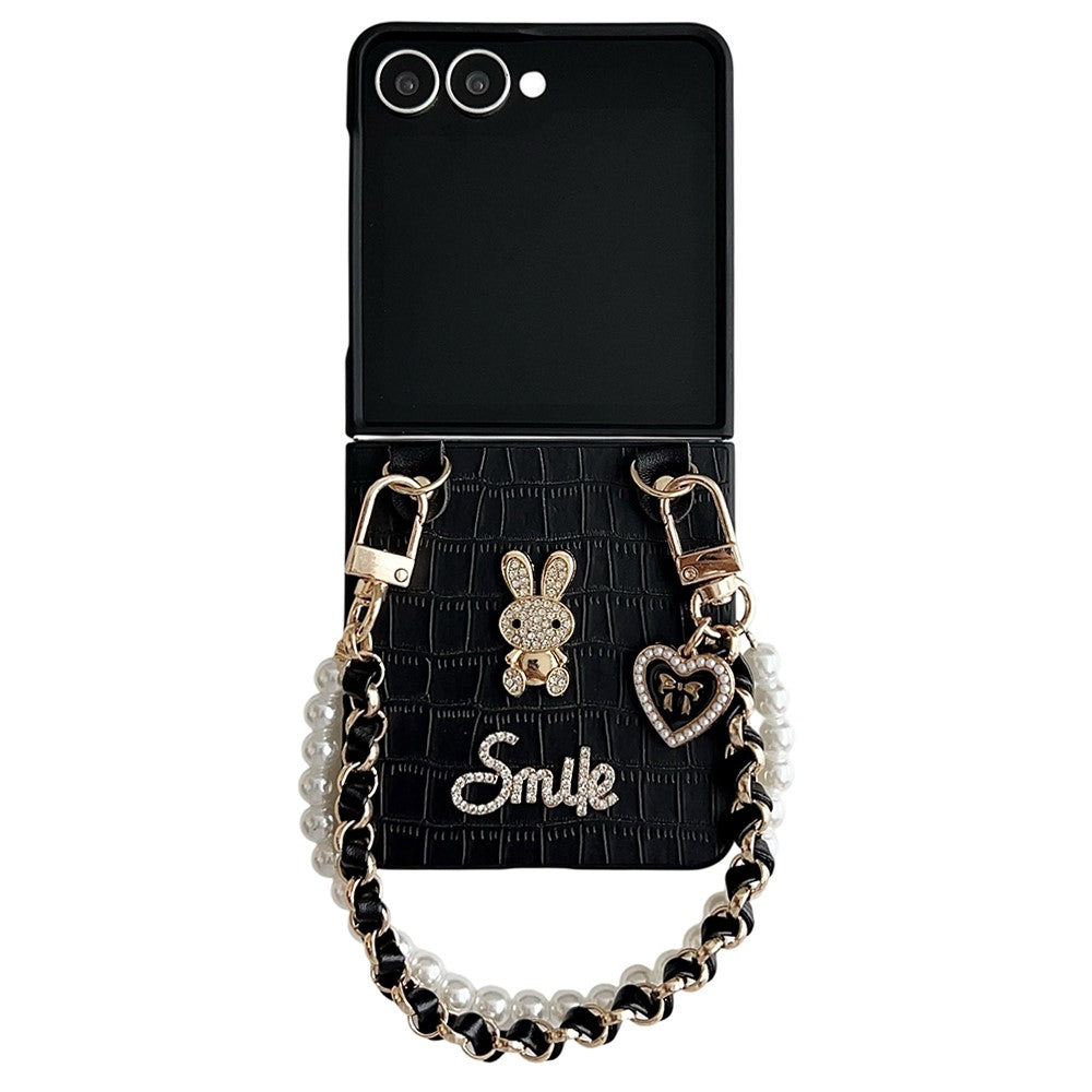 For Samsung Galaxy Z Flip7 5G Case Smile Rabbit PU + PC Phone Cover with Wrist Strap