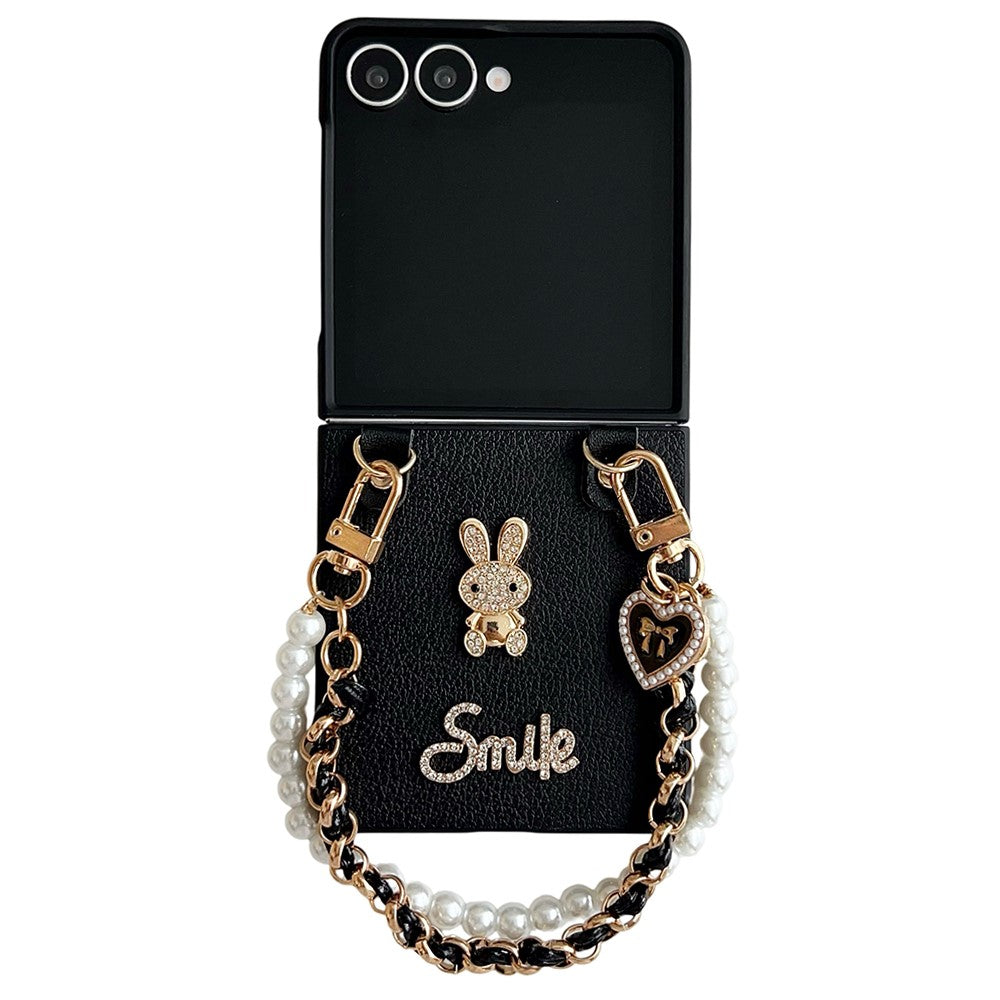 For Samsung Galaxy Z Flip7 5G Case Smile Rabbit PU + PC Phone Cover with Wrist Strap