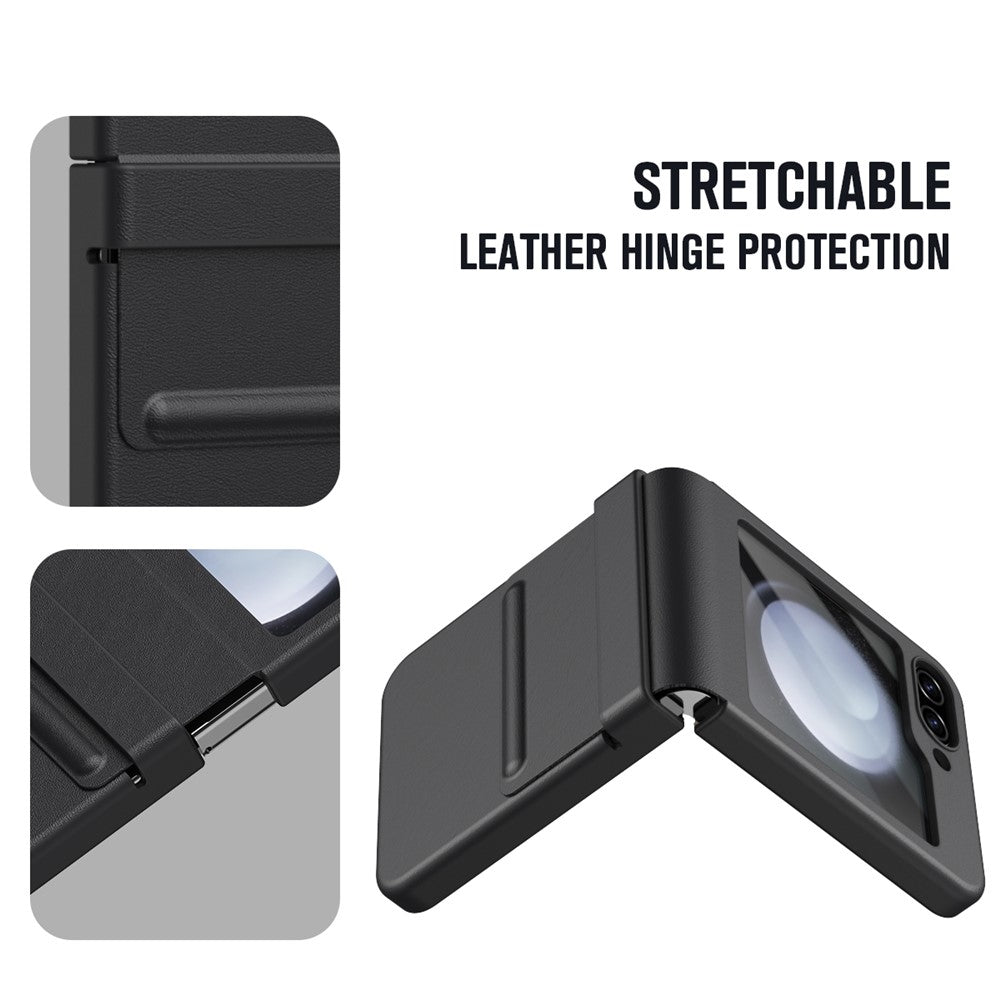 For Samsung Galaxy Z Flip7 FE 5G  /  Flip6 5G Case Hinge Leather + PC Phone Cover with Tempered Glass Film