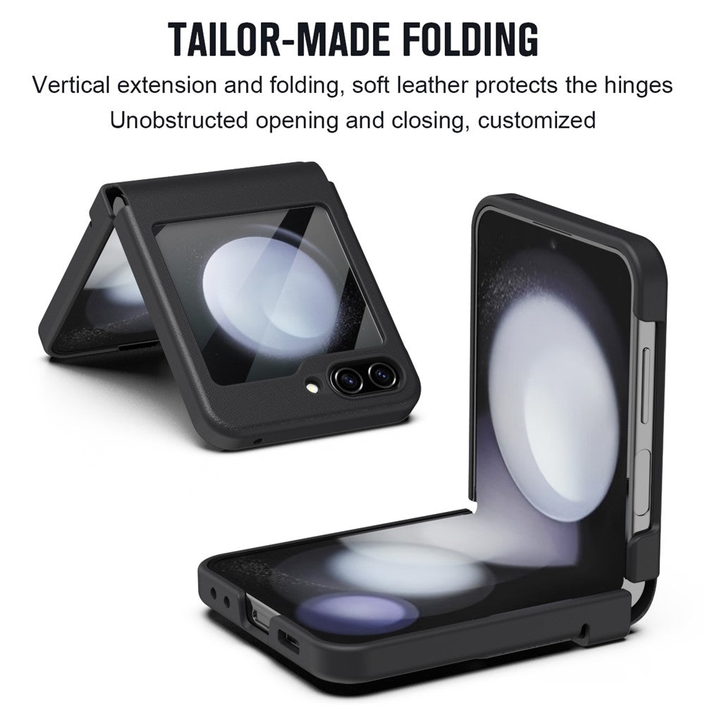 For Samsung Galaxy Z Flip7 FE 5G  /  Flip6 5G Case Hinge Leather + PC Phone Cover with Tempered Glass Film