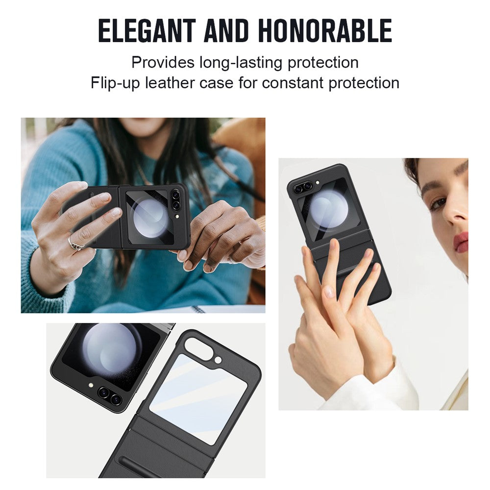 For Samsung Galaxy Z Flip7 FE 5G  /  Flip6 5G Case Hinge Leather + PC Phone Cover with Tempered Glass Film