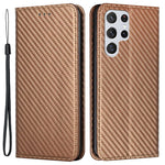 Samsung Galaxy S23 Ultra Kolfibertextur PU-läder Plånboksfodral Flipfodral Stativ Magnetiskt Absorberande mobilskal med Handledsrem