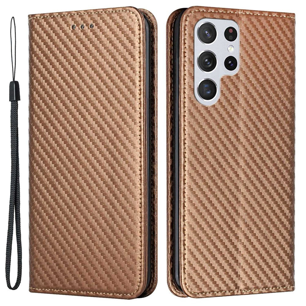 Samsung Galaxy S23 Ultra Kolfibertextur PU-läder Plånboksfodral Flipfodral Stativ Magnetiskt Absorberande mobilskal med Handledsrem