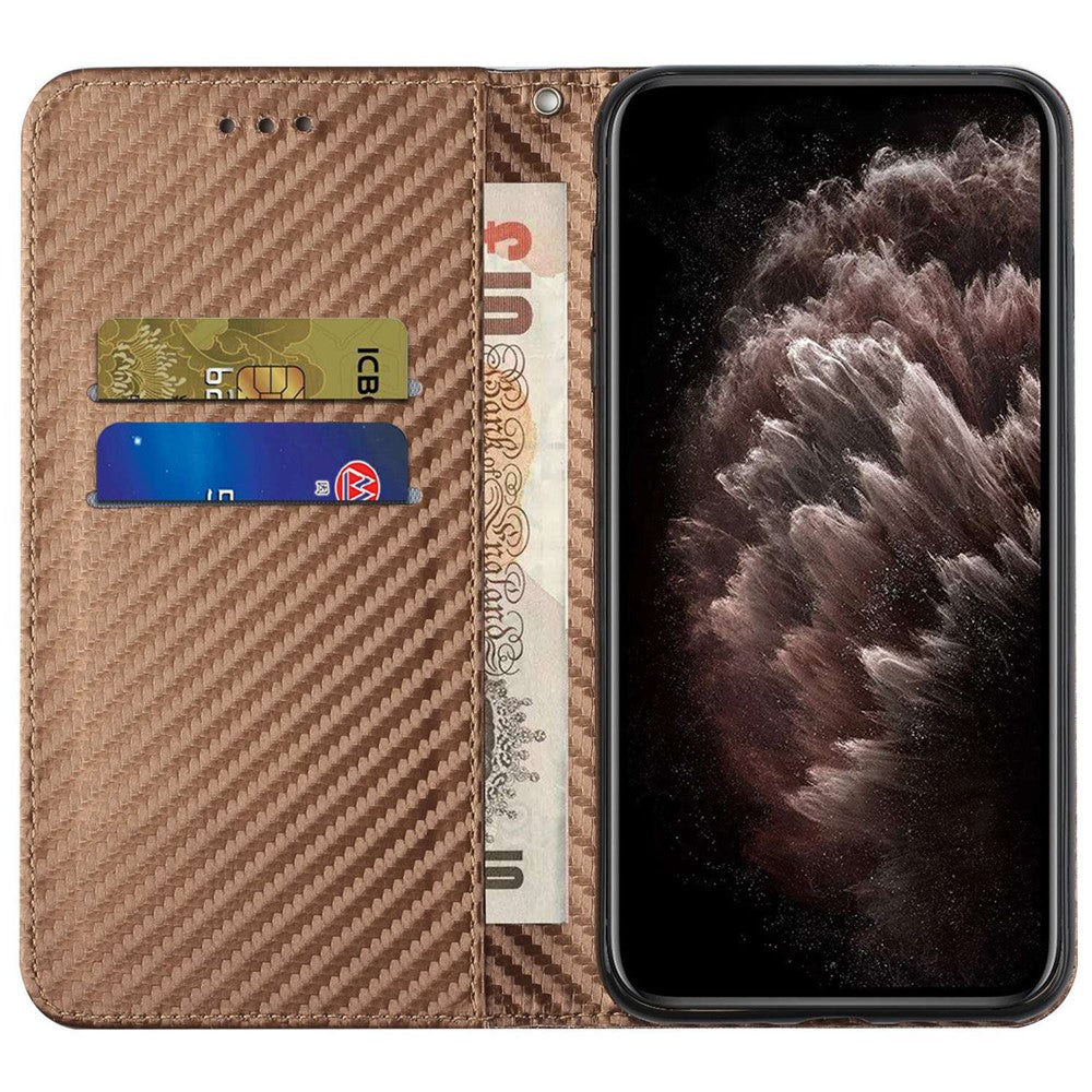 Samsung Galaxy S23 Ultra Kolfibertextur PU-läder Plånboksfodral Flipfodral Stativ Magnetiskt Absorberande mobilskal med Handledsrem