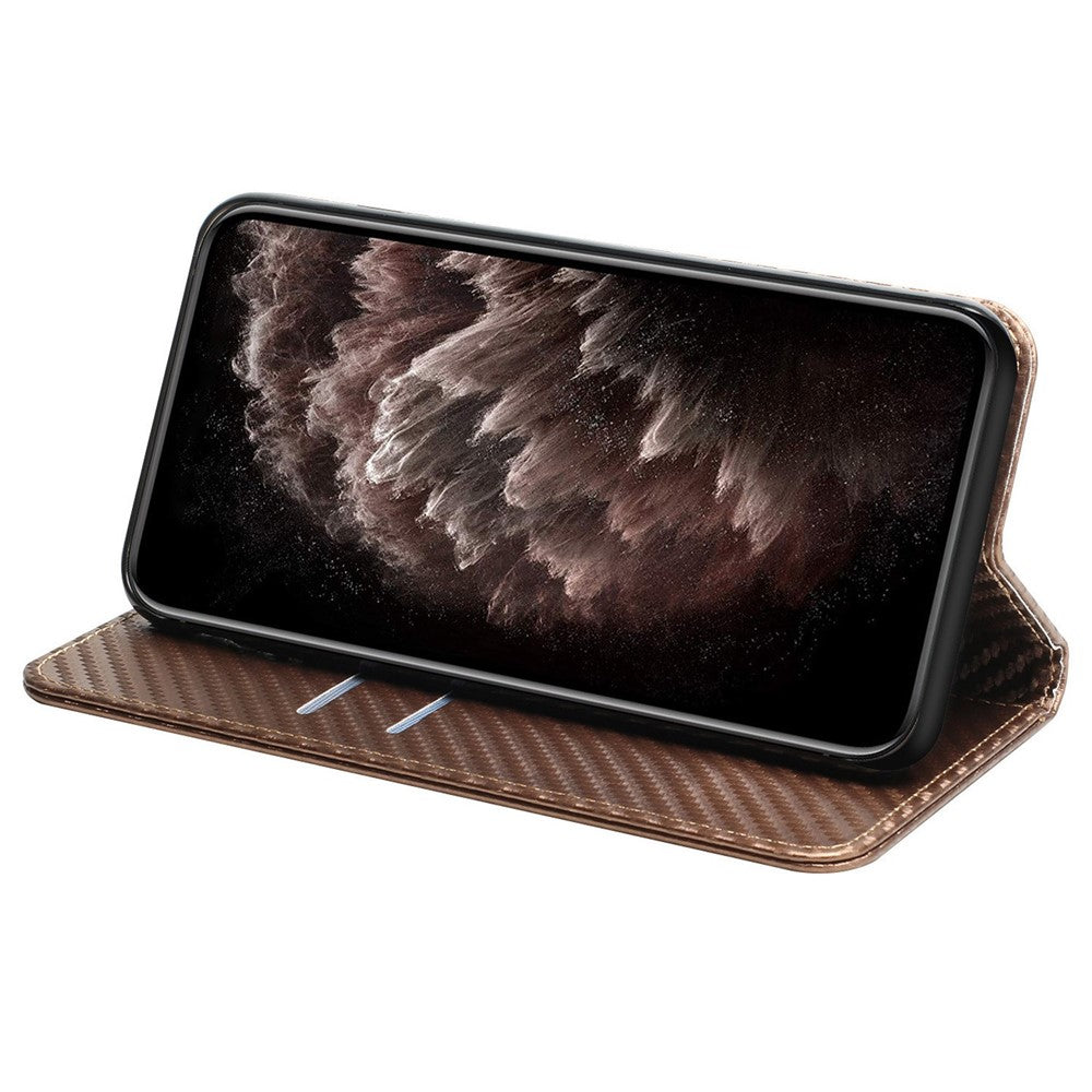 Samsung Galaxy S23 Ultra Kolfibertextur PU-läder Plånboksfodral Flipfodral Stativ Magnetiskt Absorberande mobilskal med Handledsrem