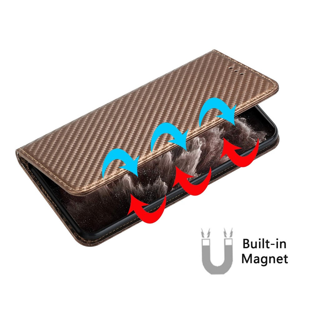 Samsung Galaxy S23 Ultra Kolfibertextur PU-läder Plånboksfodral Flipfodral Stativ Magnetiskt Absorberande mobilskal med Handledsrem