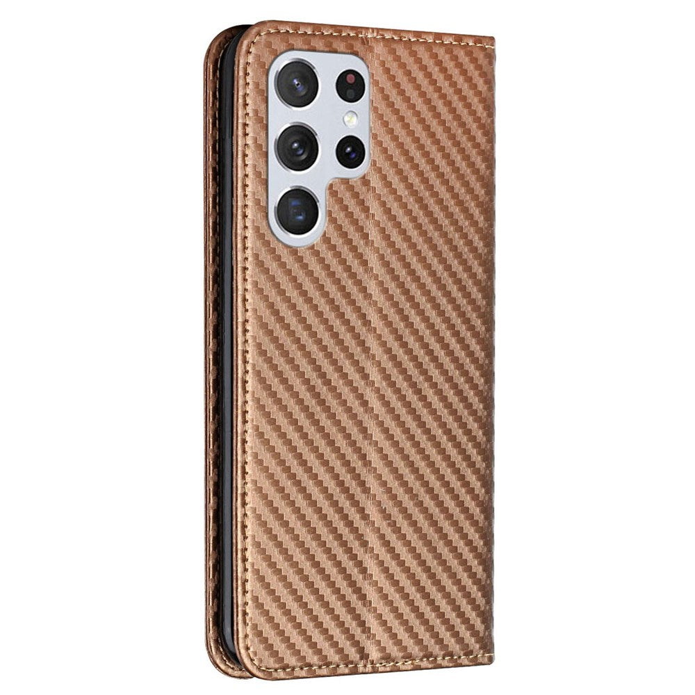 Samsung Galaxy S23 Ultra Kolfibertextur PU-läder Plånboksfodral Flipfodral Stativ Magnetiskt Absorberande mobilskal med Handledsrem
