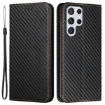 Samsung Galaxy S23 Ultra Kolfibertextur PU-läder Plånboksfodral Flipfodral Stativ Magnetiskt Absorberande mobilskal med Handledsrem