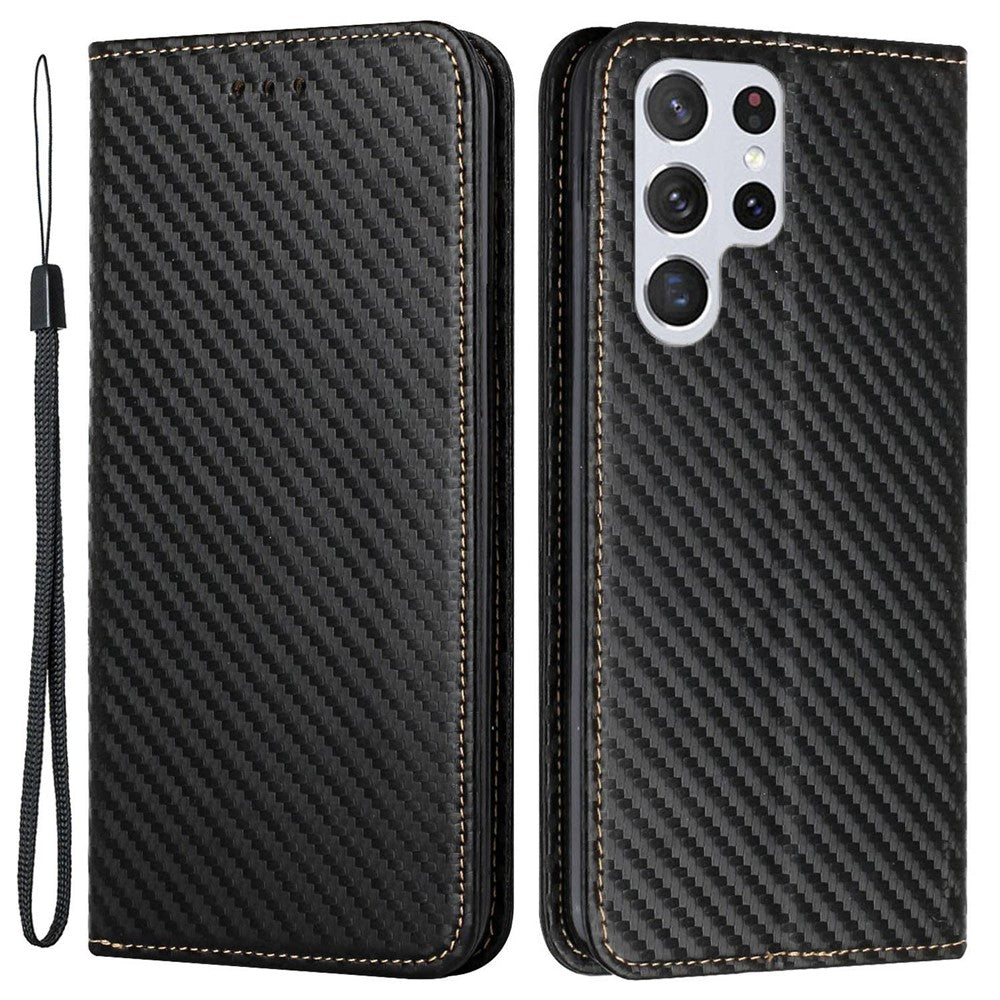Samsung Galaxy S23 Ultra Kolfibertextur PU-läder Plånboksfodral Flipfodral Stativ Magnetiskt Absorberande mobilskal med Handledsrem