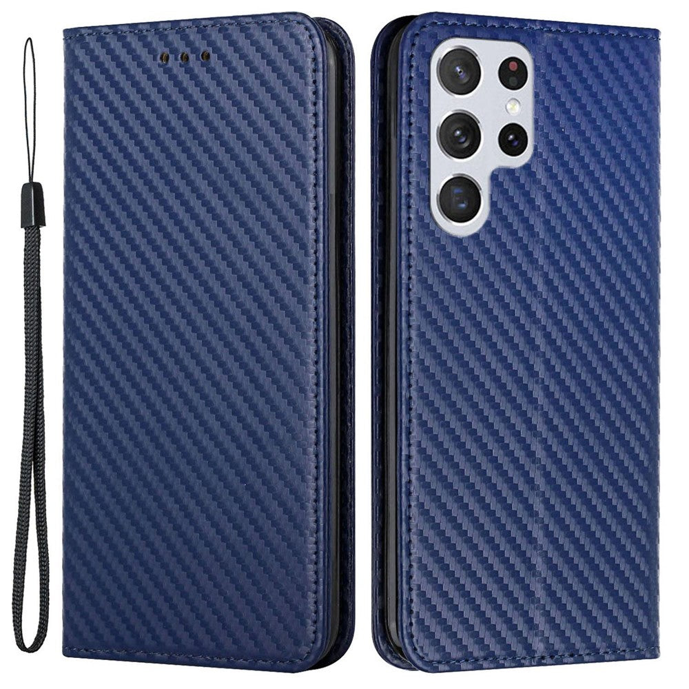 Samsung Galaxy S23 Ultra Kolfibertextur PU-läder Plånboksfodral Flipfodral Stativ Magnetiskt Absorberande mobilskal med Handledsrem