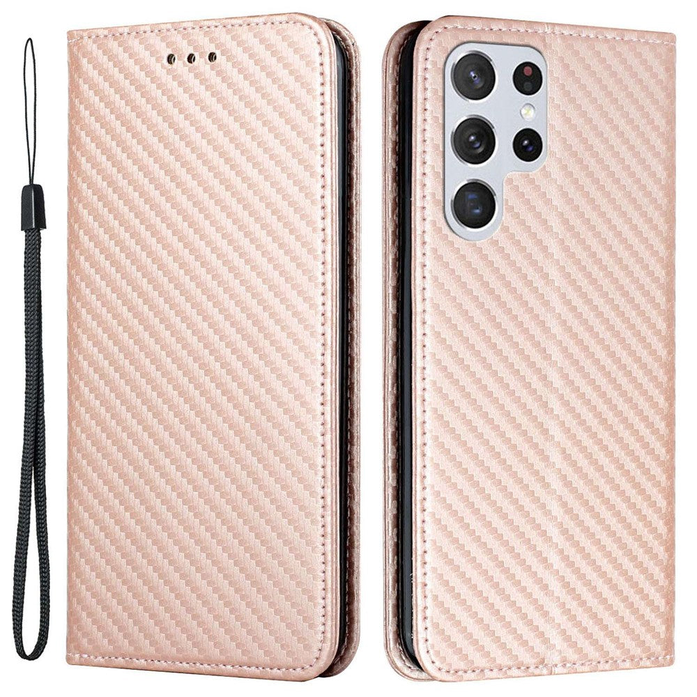 Samsung Galaxy S23 Ultra Kolfibertextur PU-läder Plånboksfodral Flipfodral Stativ Magnetiskt Absorberande mobilskal med Handledsrem