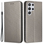 Samsung Galaxy S23 Ultra Kolfibertextur PU-läder Plånboksfodral Flipfodral Stativ Magnetiskt Absorberande mobilskal med Handledsrem