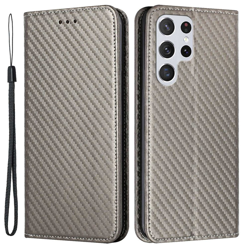 Samsung Galaxy S23 Ultra Kolfibertextur PU-läder Plånboksfodral Flipfodral Stativ Magnetiskt Absorberande mobilskal med Handledsrem