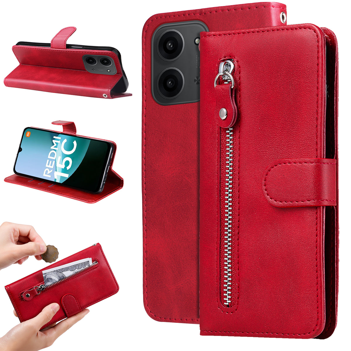 Xiaomi Redmi 15C 5G (EU) (173 mm) / 15C 4G (EU) (173 mm) PU-läderfodral med dragkedja och plånboksfodral med stativ