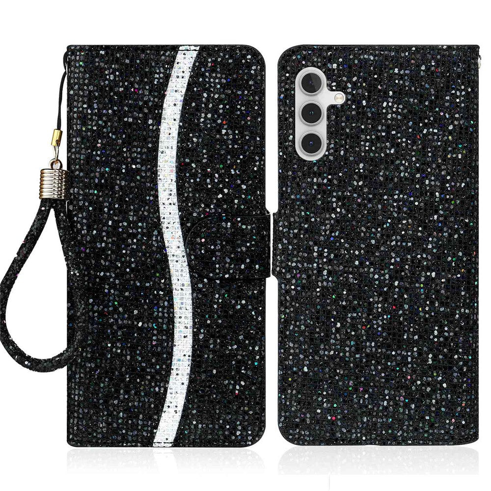Samsung Galaxy A14 5G / 4G mobilskal Glittrigt Puderfärgat PU-läder Vikbart Stativ Plånboksstil Flip-skal med Handledsrem