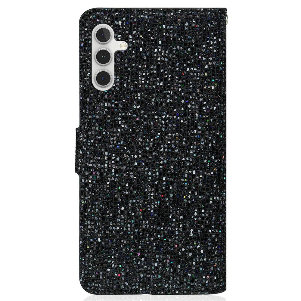 Samsung Galaxy A14 5G / 4G mobilskal Glittrigt Puderfärgat PU-läder Vikbart Stativ Plånboksstil Flip-skal med Handledsrem