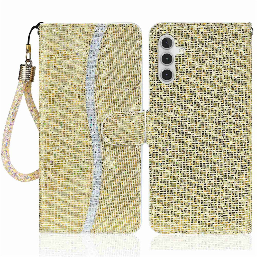 Samsung Galaxy A14 5G / 4G mobilskal Glittrigt Puderfärgat PU-läder Vikbart Stativ Plånboksstil Flip-skal med Handledsrem