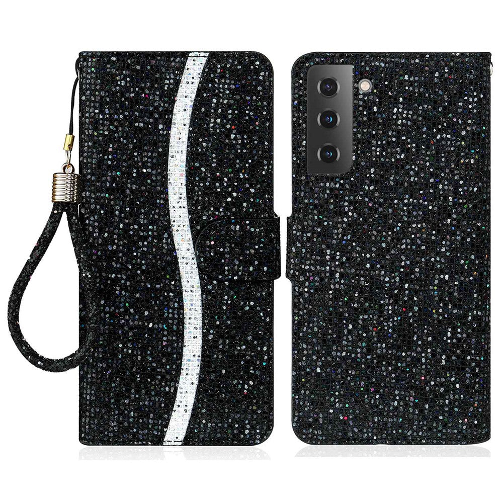 For Samsung Galaxy S23+ Splicing Design PU Leather Glitter Bling Phone Case Foldable Stand Wallet Drop-proof Cover with Hand Strap