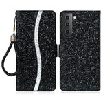 For Samsung Galaxy S23+ Splicing Design PU Leather Glitter Bling Phone Case Foldable Stand Wallet Drop-proof Cover with Hand Strap