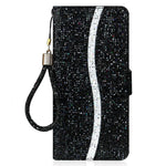 For Samsung Galaxy S23+ Splicing Design PU Leather Glitter Bling Phone Case Foldable Stand Wallet Drop-proof Cover with Hand Strap