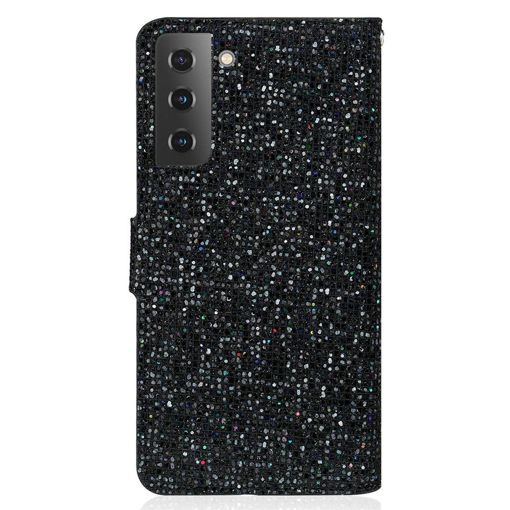 For Samsung Galaxy S23+ Splicing Design PU Leather Glitter Bling Phone Case Foldable Stand Wallet Drop-proof Cover with Hand Strap