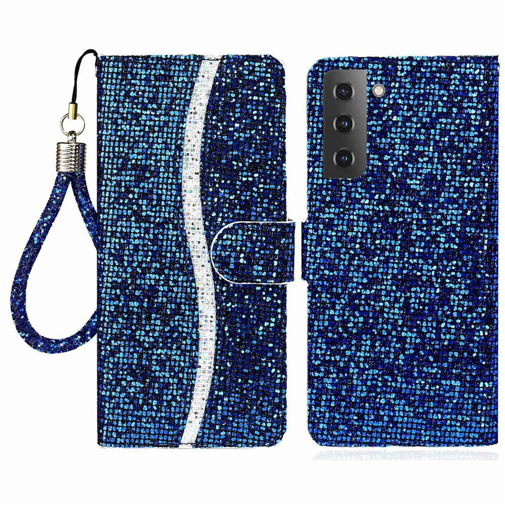 For Samsung Galaxy S23+ Splicing Design PU Leather Glitter Bling Phone Case Foldable Stand Wallet Drop-proof Cover with Hand Strap