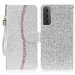 For Samsung Galaxy S23+ Splicing Design PU Leather Glitter Bling Phone Case Foldable Stand Wallet Drop-proof Cover with Hand Strap
