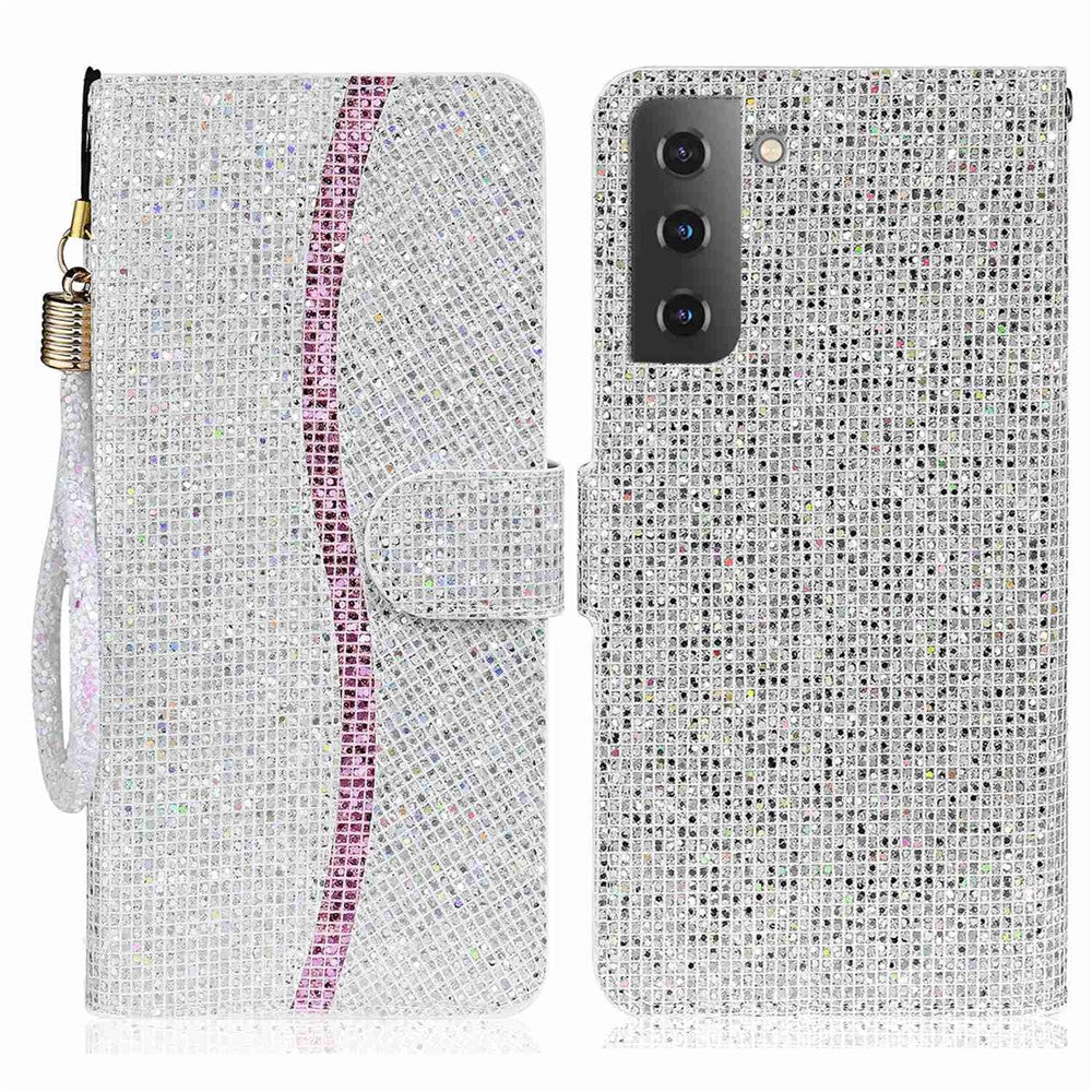 For Samsung Galaxy S23+ Splicing Design PU Leather Glitter Bling Phone Case Foldable Stand Wallet Drop-proof Cover with Hand Strap