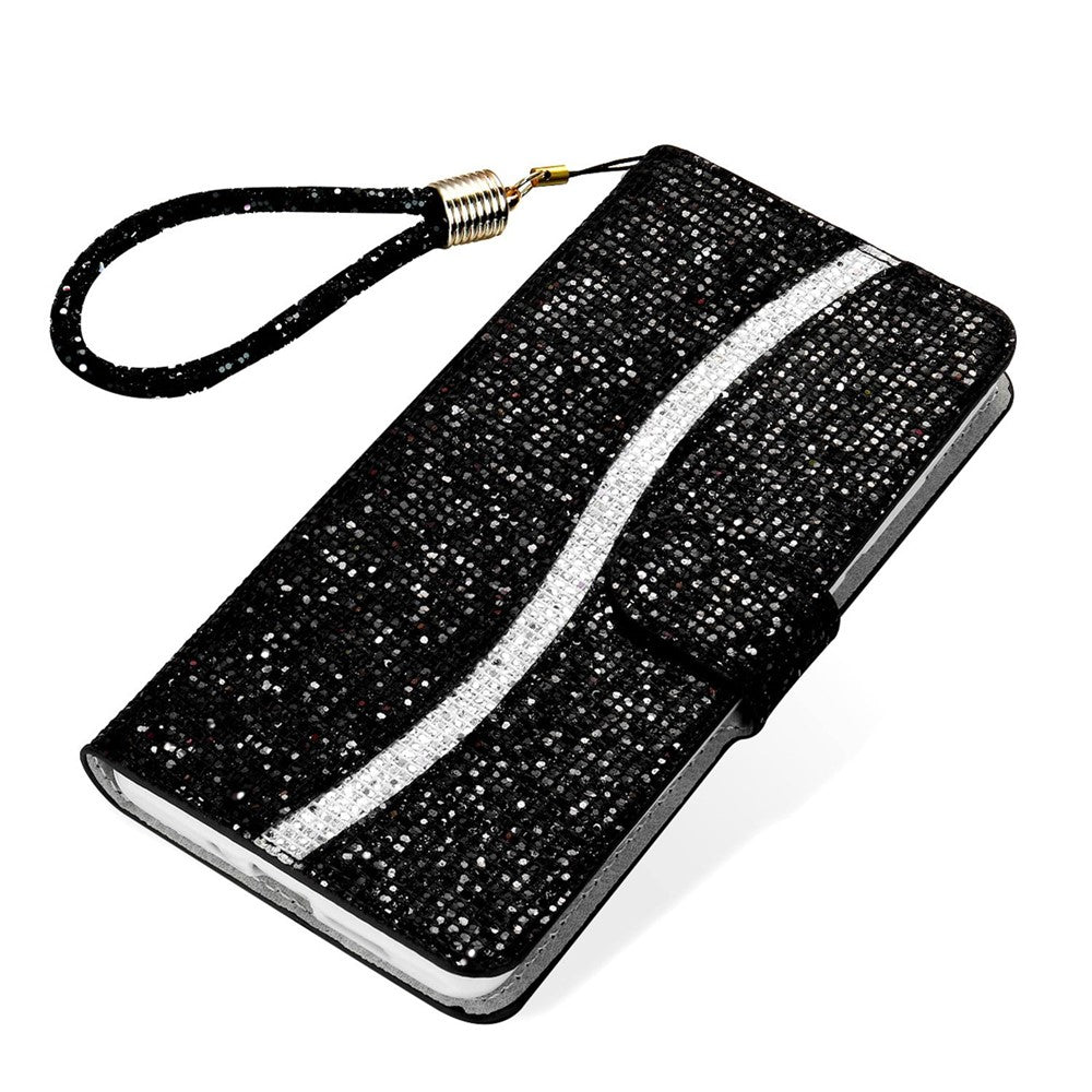 For Samsung Galaxy S23 Ultra Glitter Bling Splicing Design PU Leather Shockproof Case Phone Wallet Stand Protective Cover with Hand Strap