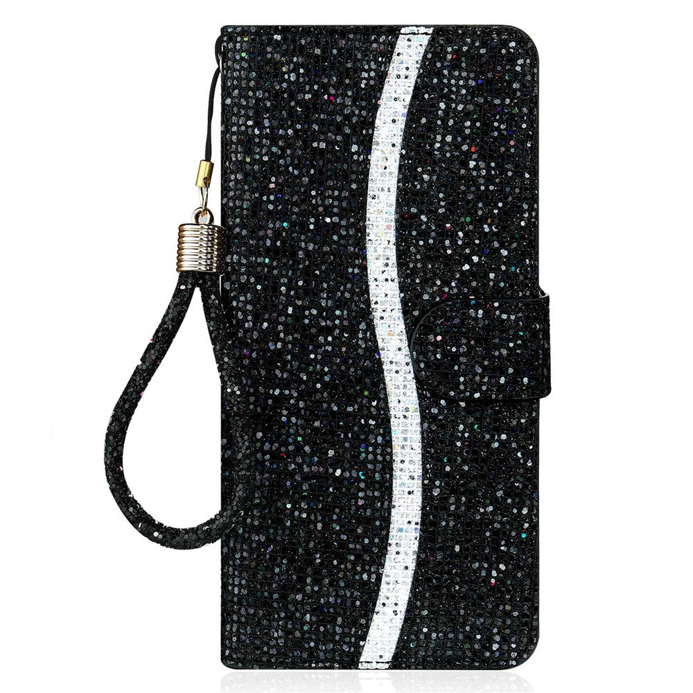 For Samsung Galaxy S23 Ultra Glitter Bling Splicing Design PU Leather Shockproof Case Phone Wallet Stand Protective Cover with Hand Strap