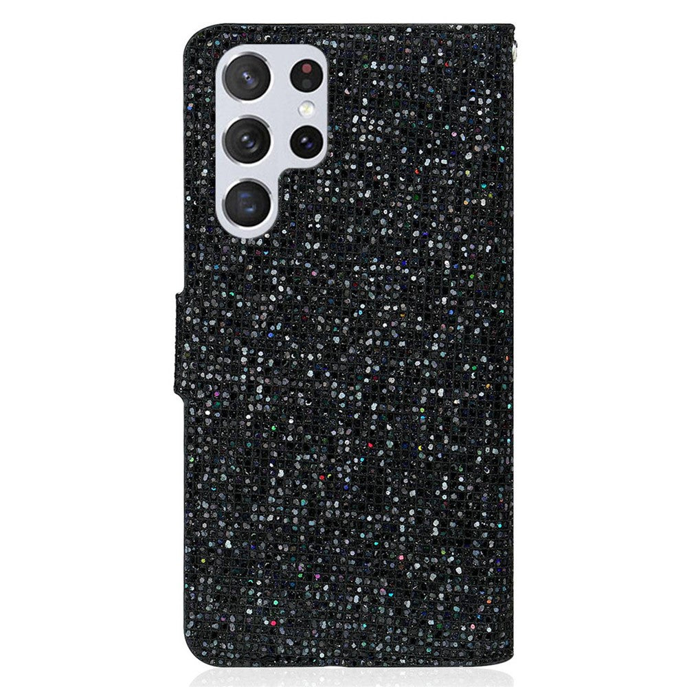 For Samsung Galaxy S23 Ultra Glitter Bling Splicing Design PU Leather Shockproof Case Phone Wallet Stand Protective Cover with Hand Strap
