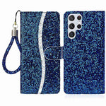 For Samsung Galaxy S23 Ultra Glitter Bling Splicing Design PU Leather Shockproof Case Phone Wallet Stand Protective Cover with Hand Strap