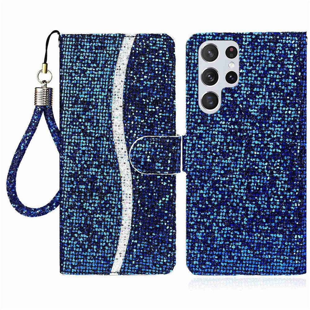 For Samsung Galaxy S23 Ultra Glitter Bling Splicing Design PU Leather Shockproof Case Phone Wallet Stand Protective Cover with Hand Strap