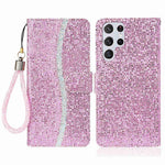 For Samsung Galaxy S23 Ultra Glitter Bling Splicing Design PU Leather Shockproof Case Phone Wallet Stand Protective Cover with Hand Strap