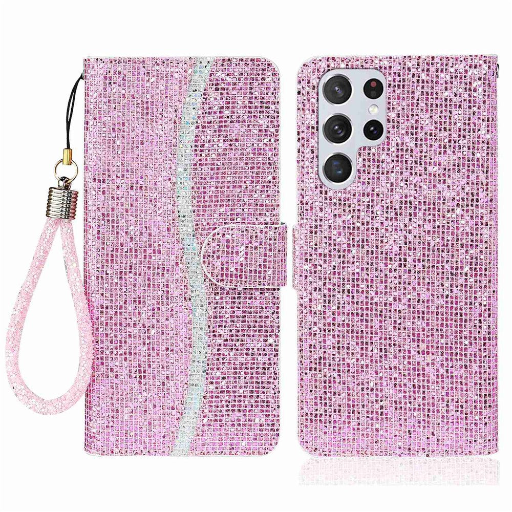 For Samsung Galaxy S23 Ultra Glitter Bling Splicing Design PU Leather Shockproof Case Phone Wallet Stand Protective Cover with Hand Strap