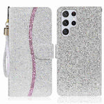 For Samsung Galaxy S23 Ultra Glitter Bling Splicing Design PU Leather Shockproof Case Phone Wallet Stand Protective Cover with Hand Strap