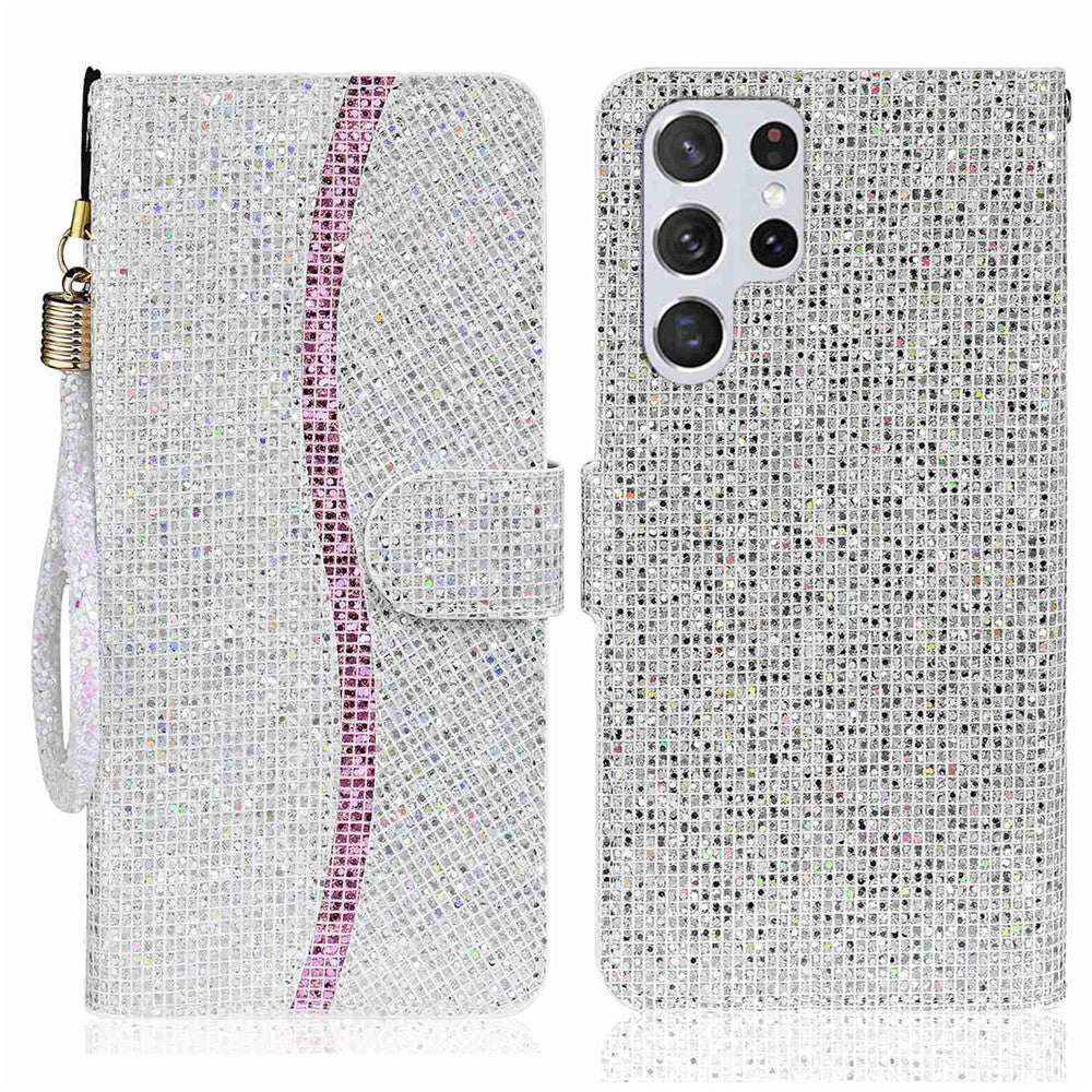 For Samsung Galaxy S23 Ultra Glitter Bling Splicing Design PU Leather Shockproof Case Phone Wallet Stand Protective Cover with Hand Strap
