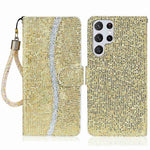 For Samsung Galaxy S23 Ultra Glitter Bling Splicing Design PU Leather Shockproof Case Phone Wallet Stand Protective Cover with Hand Strap