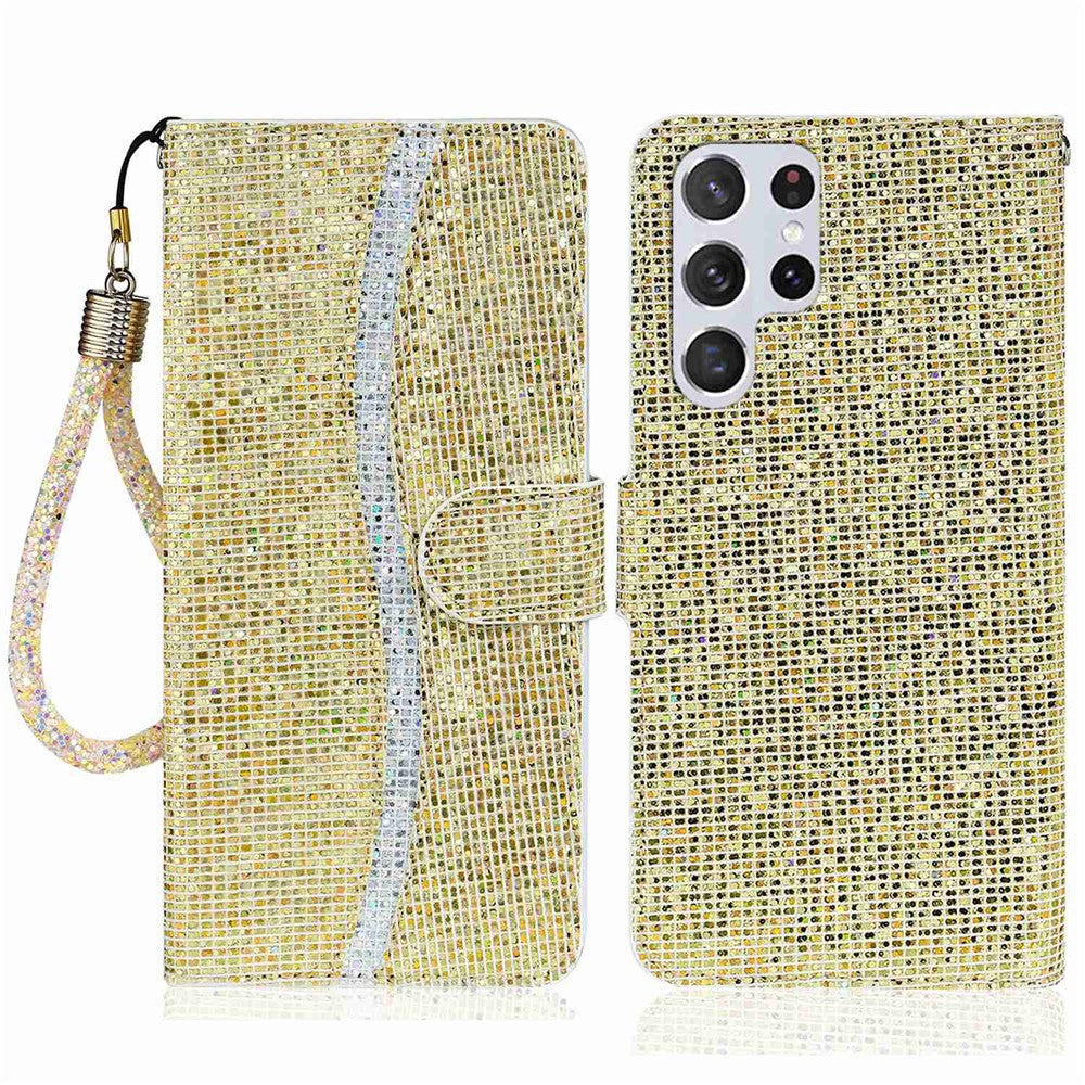 For Samsung Galaxy S23 Ultra Glitter Bling Splicing Design PU Leather Shockproof Case Phone Wallet Stand Protective Cover with Hand Strap