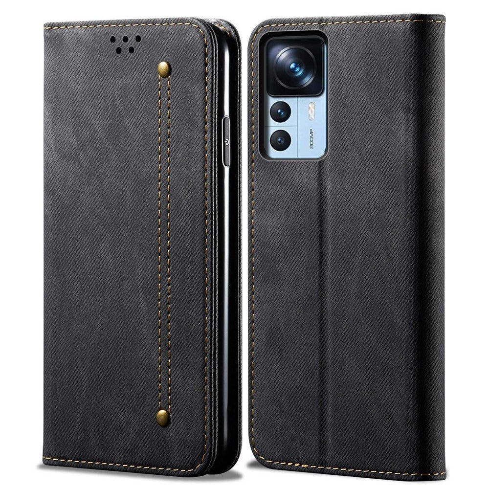 Xiaomi 12T 5G / 12T Pro 5G / Redmi K50 Ultra 5G Jeanstygstruktur PU-läder Stativskal Magnetiskt Autostängande mobilplånbok Skal