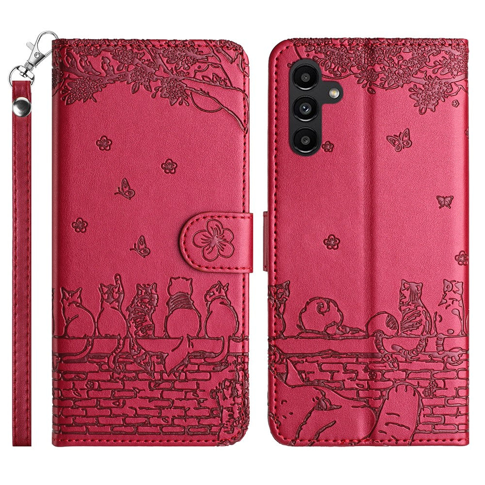 For Samsung Galaxy S25 FE Case with Wrist Strap Leather Phone Cover Wall Cats Pattern