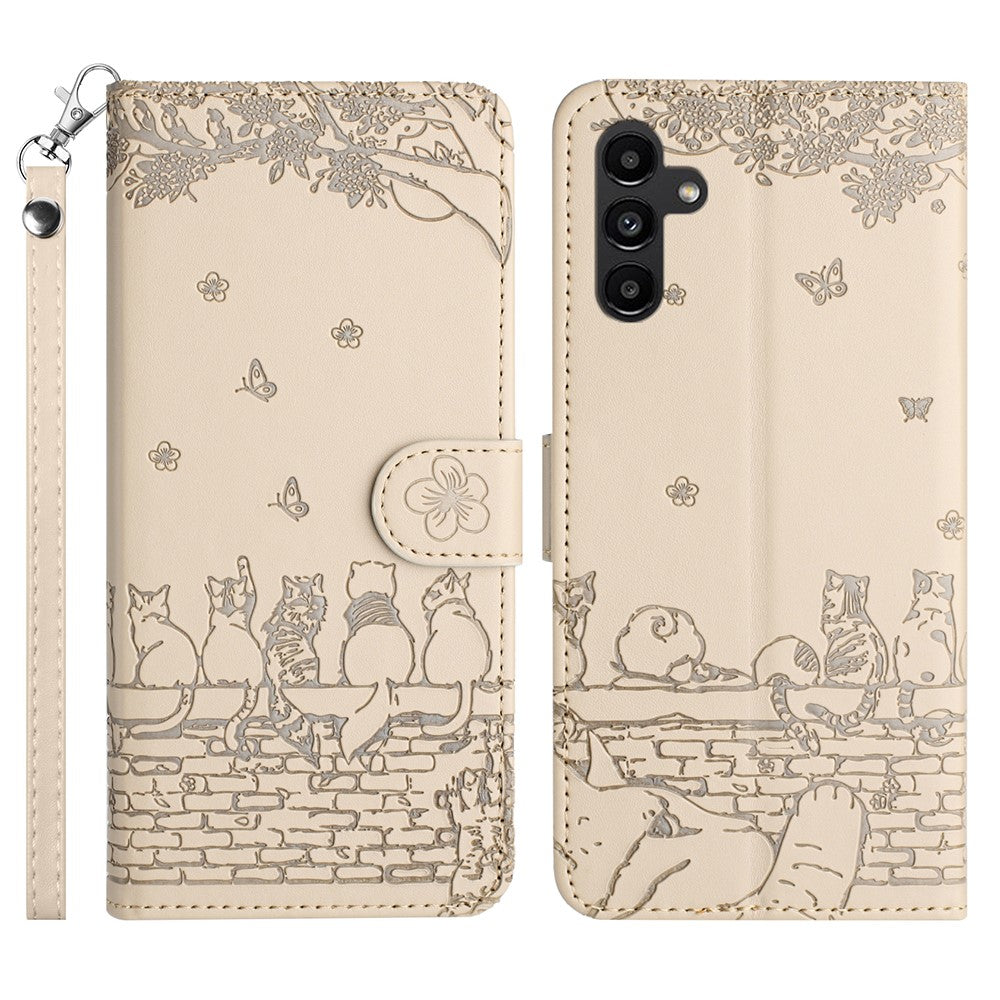 For Samsung Galaxy S25 FE Case with Wrist Strap Leather Phone Cover Wall Cats Pattern