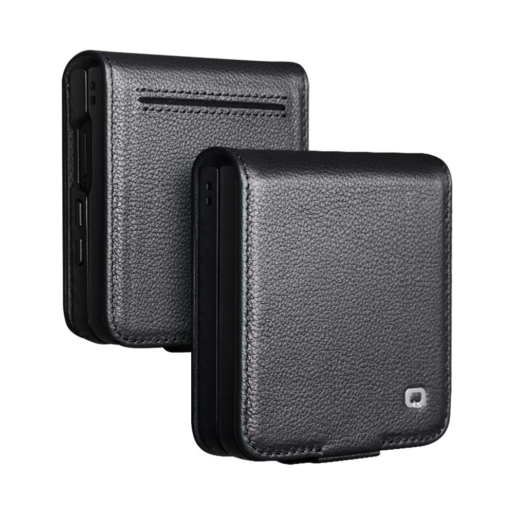 QIALINO For Samsung Galaxy Z Flip7 5G QIALINO Case Litchi Textured Top Layer Genuine Cow Leather PC Flip Phone Cover with Card Holder
