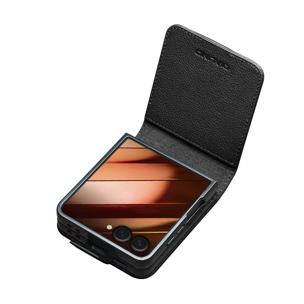 QIALINO For Samsung Galaxy Z Flip7 5G QIALINO Case Litchi Textured Top Layer Genuine Cow Leather PC Flip Phone Cover with Card Holder