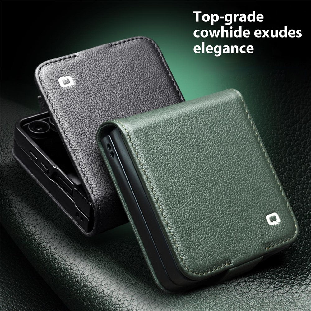 QIALINO For Samsung Galaxy Z Flip7 5G QIALINO Case Litchi Textured Top Layer Genuine Cow Leather PC Flip Phone Cover with Card Holder
