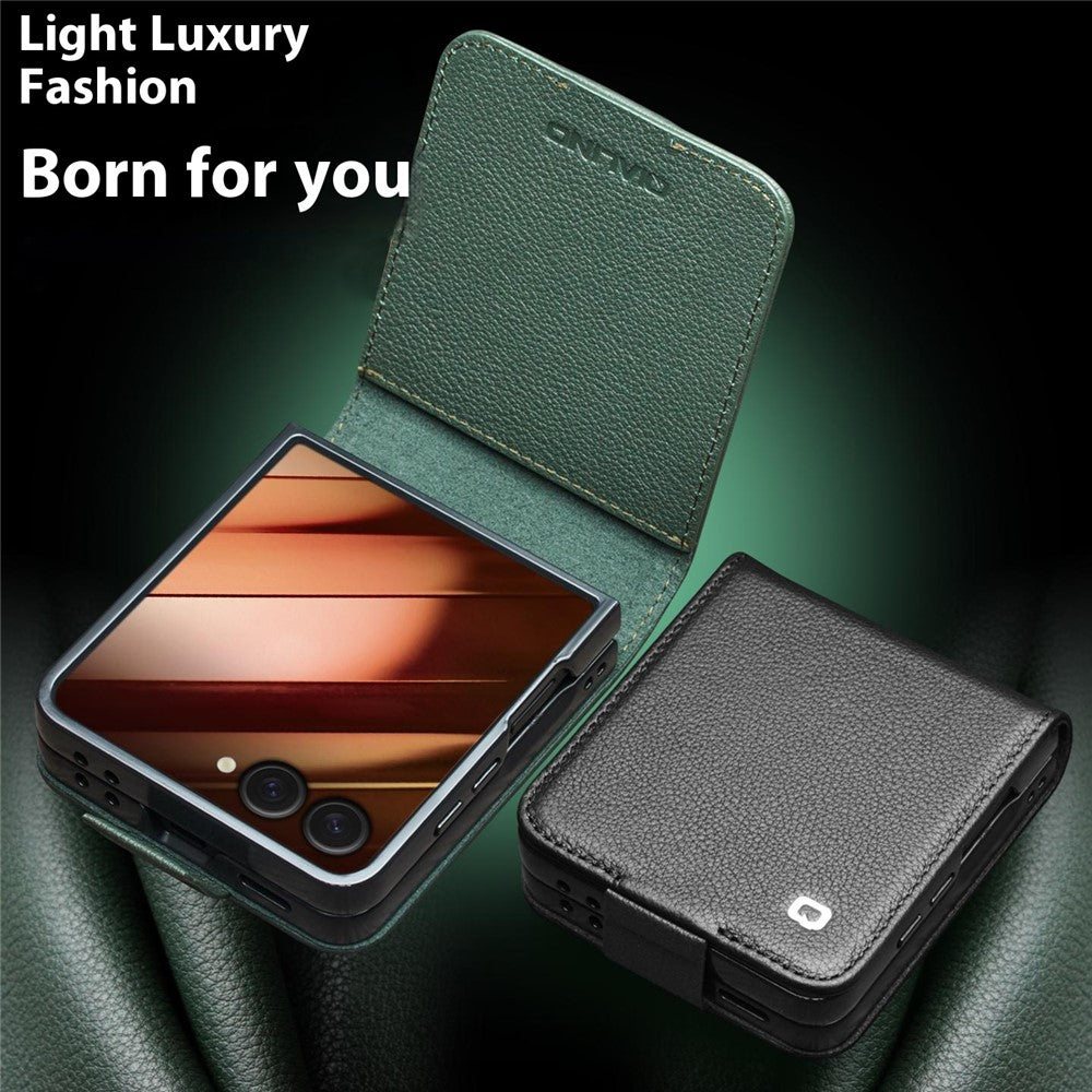 QIALINO For Samsung Galaxy Z Flip7 5G QIALINO Case Litchi Textured Top Layer Genuine Cow Leather PC Flip Phone Cover with Card Holder