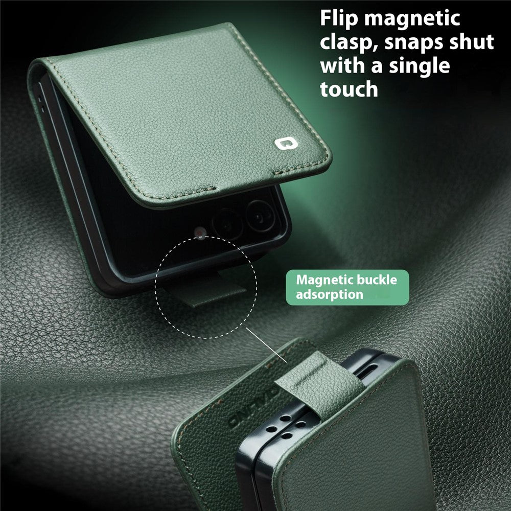 QIALINO For Samsung Galaxy Z Flip7 5G QIALINO Case Litchi Textured Top Layer Genuine Cow Leather PC Flip Phone Cover with Card Holder