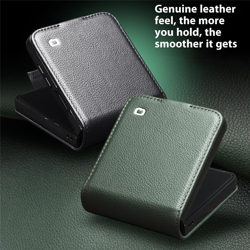 QIALINO For Samsung Galaxy Z Flip7 5G QIALINO Case Litchi Textured Top Layer Genuine Cow Leather PC Flip Phone Cover with Card Holder