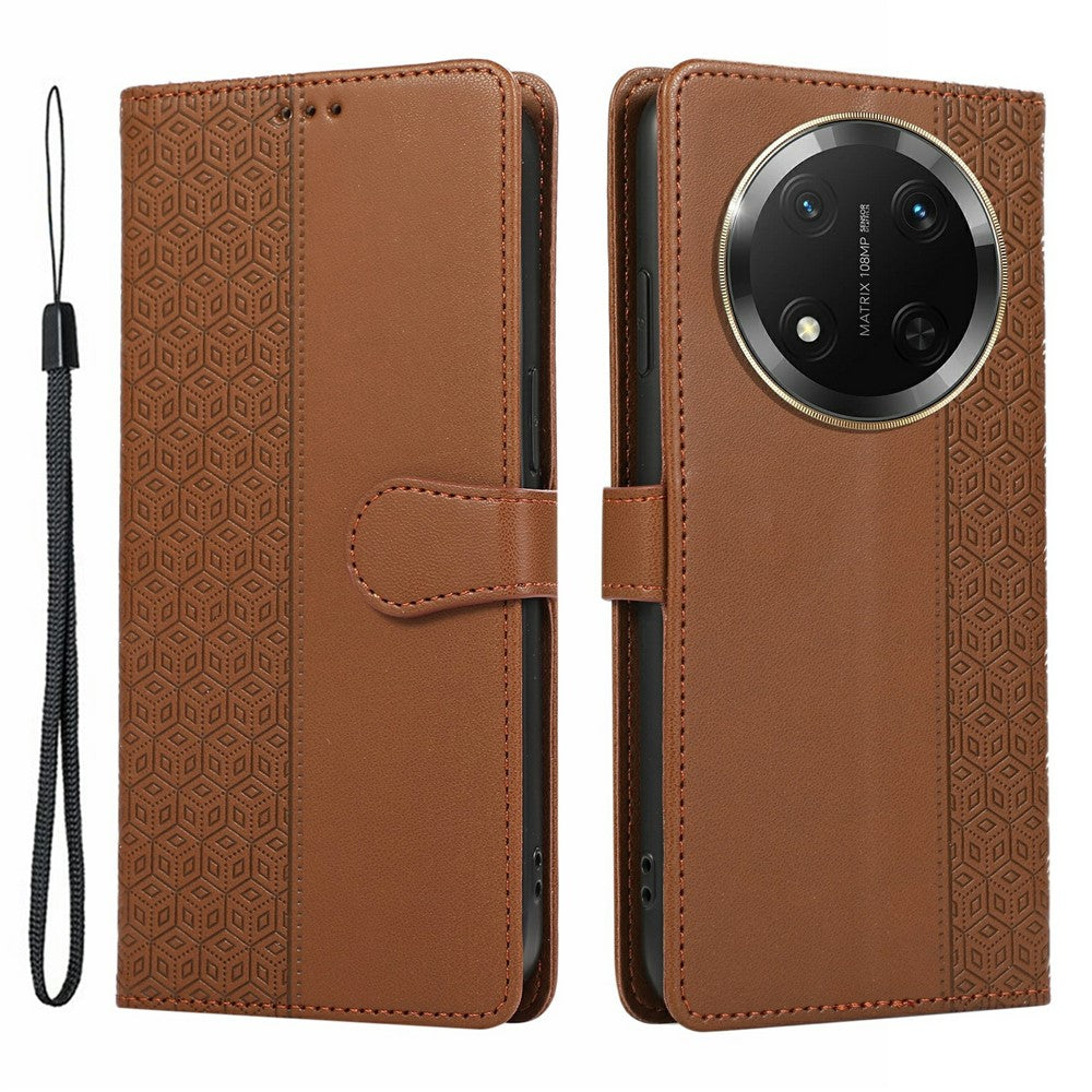 Phone Case For Honor X60 Pro 5G / X9c 5G / Magic7 Lite 5G Splicing Imprinted Rhombus Leather Cover with Wrist Strap