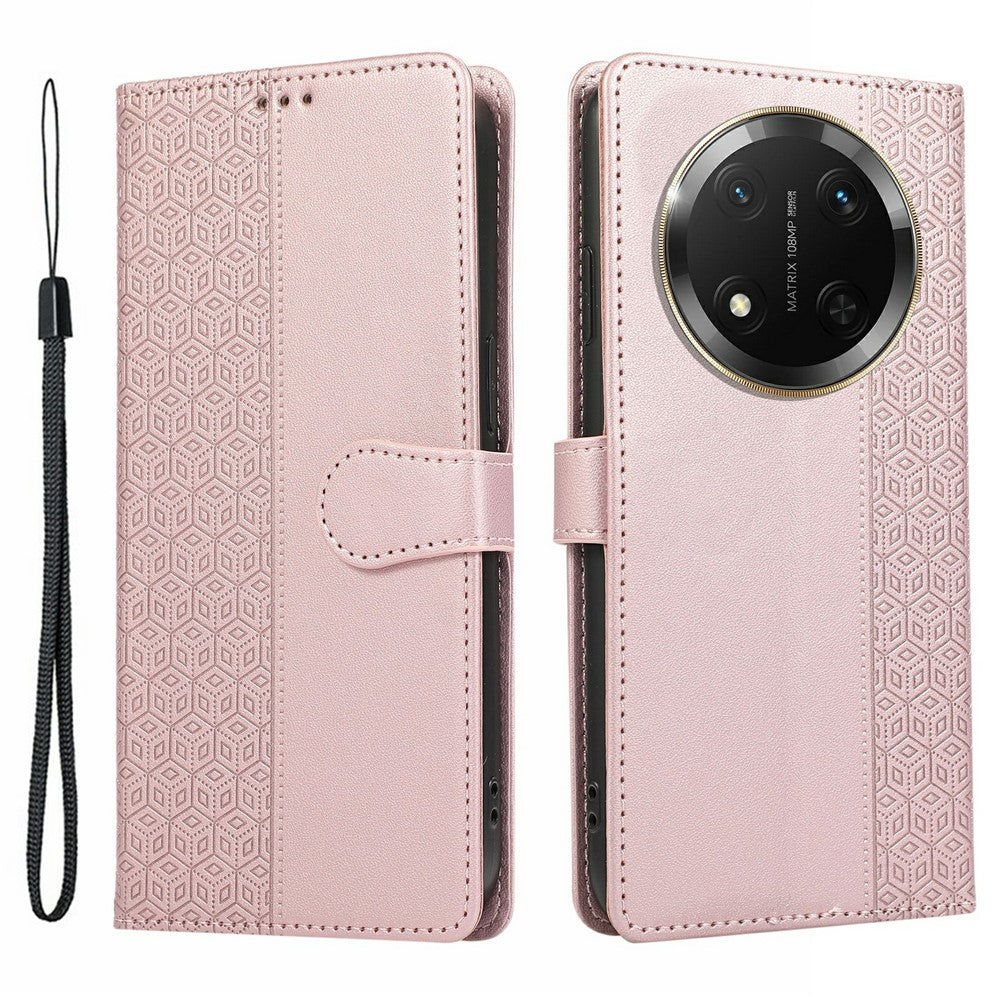 Phone Case For Honor X60 Pro 5G / X9c 5G / Magic7 Lite 5G Splicing Imprinted Rhombus Leather Cover with Wrist Strap